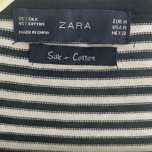 Zara Navy White Striped Silk Cotton Open Front Cardigan Top Women’s Size Medium - Picture 2 of 4